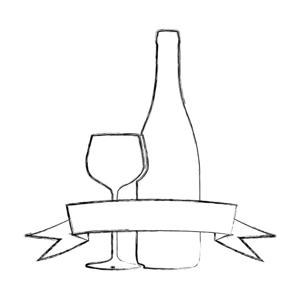 monochromatyczne rozmazany kontur szklanki i butelki i wstążki - Wektor, obraz