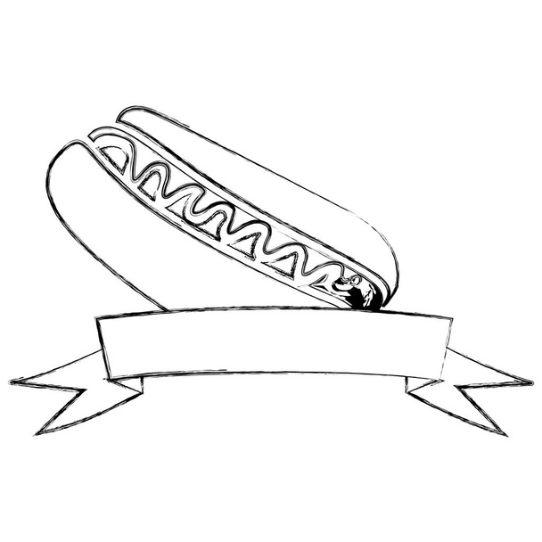 μονόχρωμη θολή περίγραμμα του hot dog με σάλτσα και κορδέλα - Διάνυσμα, εικόνα