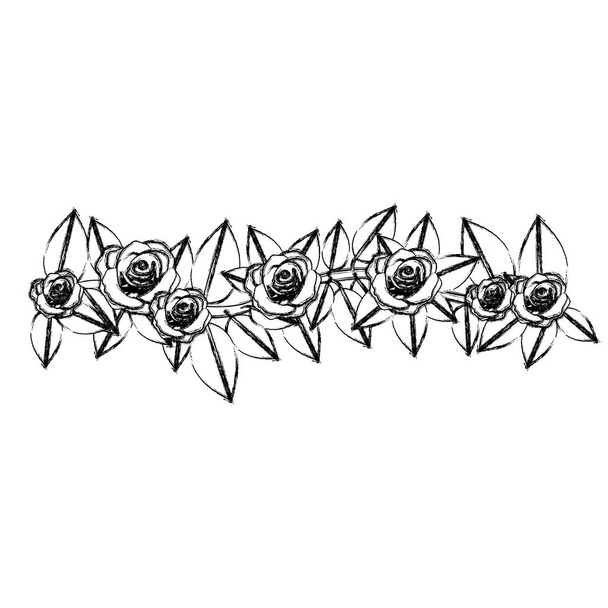 μονόχρωμη θολή περίγραμμα του στεφάνι από φύλλα με floral σχέδιο τριαντάφυλλα - Διάνυσμα, εικόνα