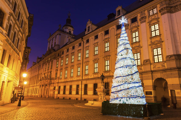 Árbol de Navidad por la Universidad de Wroclaw en la noche
 - Foto, Imagen