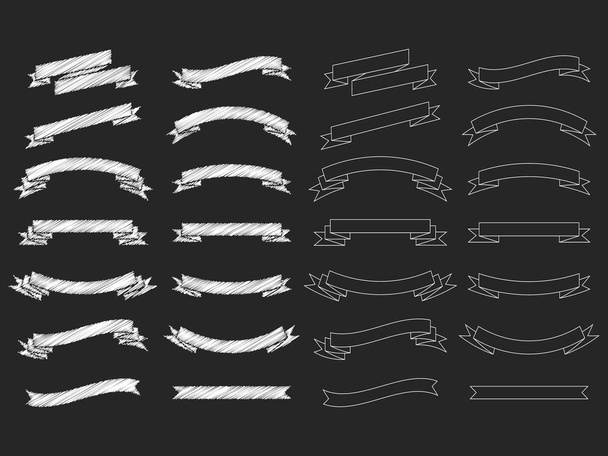 vector collection of  hand-drawing white ribbons on black background - Vector, Image