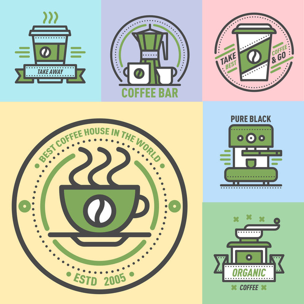 Coffee badge logo food design thin line lettering for restaurant, cafe menu coffee house and shop element beverage label sticker vector illustration. - Vector, imagen