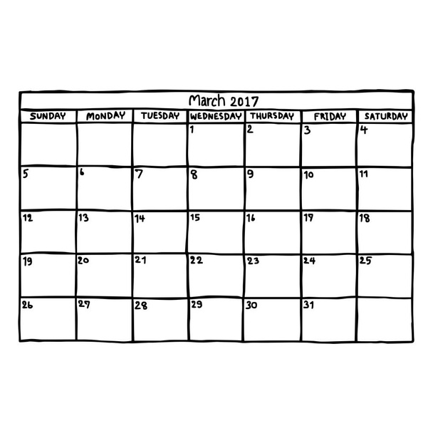calendar March 2017 - vector illustration sketch hand drawn with black lines, isolated on white background - Vector, Image