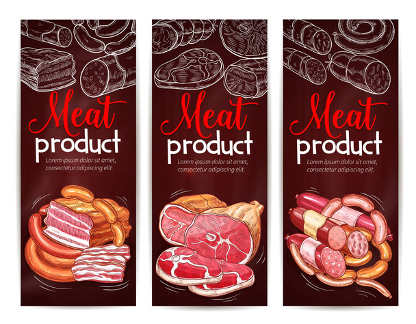 魚肉ソーセージ、ハム、ベーコン黒板バナー デザイン - ベクター画像
