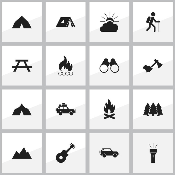 Készlet 16 szerkeszthető kemping ikonok. Asztal, fenyő, hangszer, és szimbólumokat tartalmaz. Lehet használni a Web, mobil, Ui és Infographic Design. - Vektor, kép