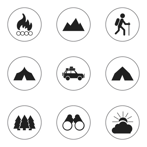 Set van 9 bewerkbare reis iconen. Bevat symbolen zoals Tipi, reis auto, piek en meer. Kan worden gebruikt voor Web, Mobile, Ui en Infographic Design. - Vector, afbeelding