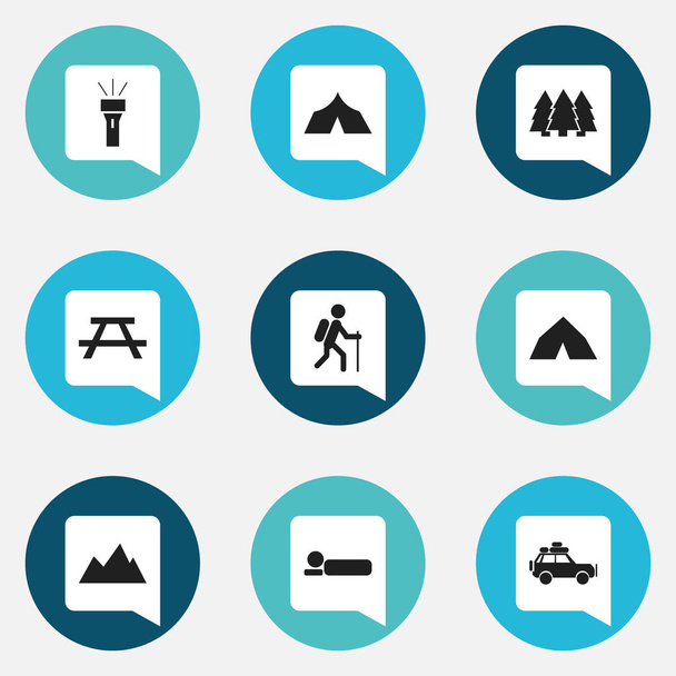 Conjunto de 9 ícones de viagem editáveis. Inclui símbolos como marcha, pinheiro, refúgio e muito mais. Pode ser usado para Web, Mobile, UI e design infográfico
. - Vetor, Imagem