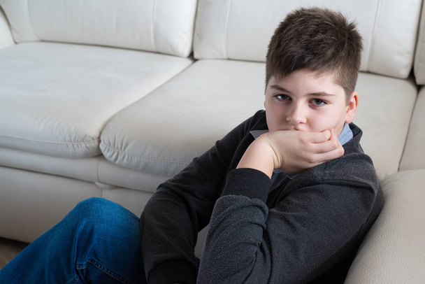13 year boy sitting near the sofa in room - Fotoğraf, Görsel