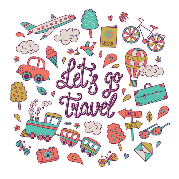 Let's go travel. Hand drawn colorful illustration, travel icons set. - Вектор,изображение