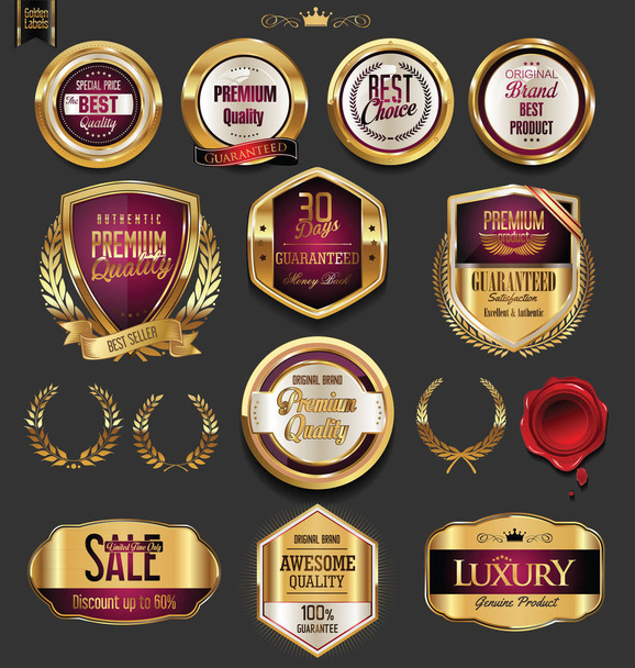 Golden badges and labels with laurel wreath collection  - Vector, Image