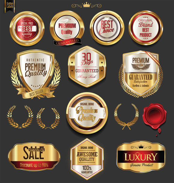 Golden badges and labels with laurel wreath collection  - Διάνυσμα, εικόνα