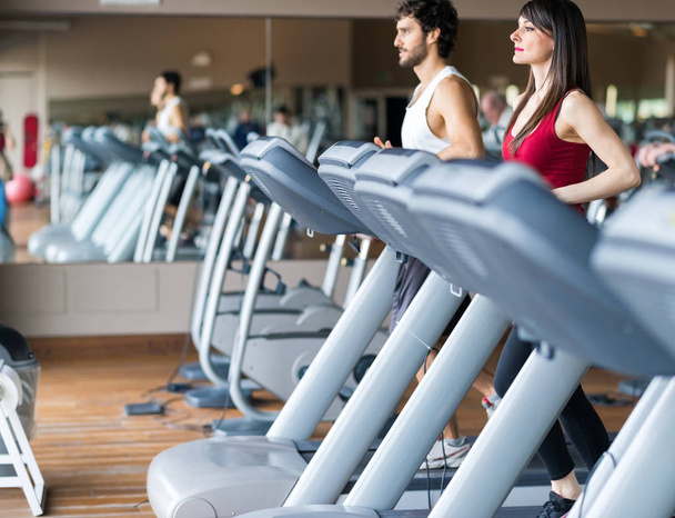 People running on treadmills in a gym - 写真・画像