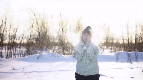 Γυναίκα διασκέδαση με το χιόνι σε μια μέρα του χειμώνα. Που φυσάει χιόνι που βρίσκεται στα χέρια της. - Πλάνα, βίντεο