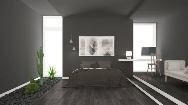 Skandinávské minimalistický šedý ložnice s sukulentní zahradní, dřevo - Fotografie, Obrázek