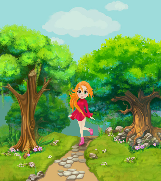 Щаслива дівчина, що йде по шляху через ліс
. - Фото, зображення