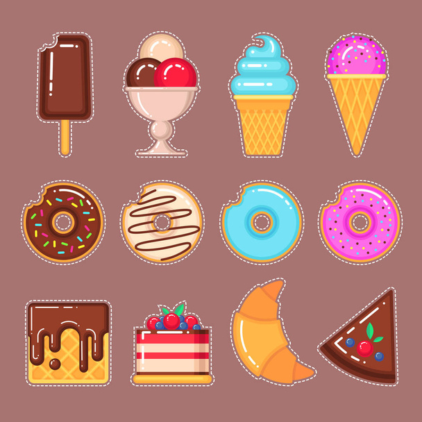 Vector set of ice creams, donuts, waffles, cake and croissant - Vector, Image