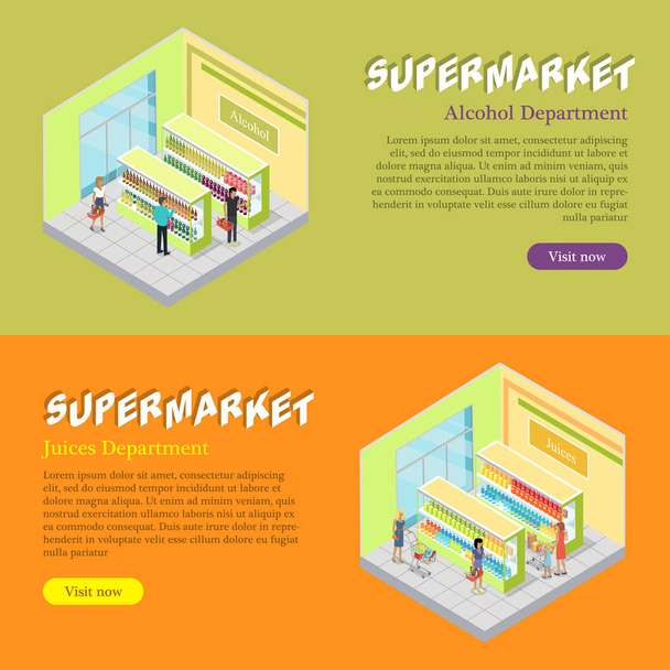 Conjunto de Banners Web Isométricos Departamentos de Supermercados
 - Vector, Imagen