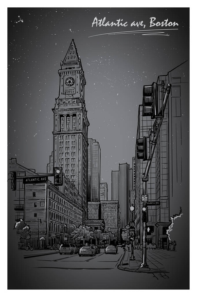 Panorama of the Custom House Tower. Nightlife Sketch. EPS10 vector illustration. - Vector, Image