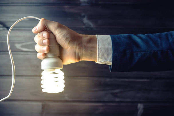Hand holds a glowing light bulb. Creative idea in business - 写真・画像