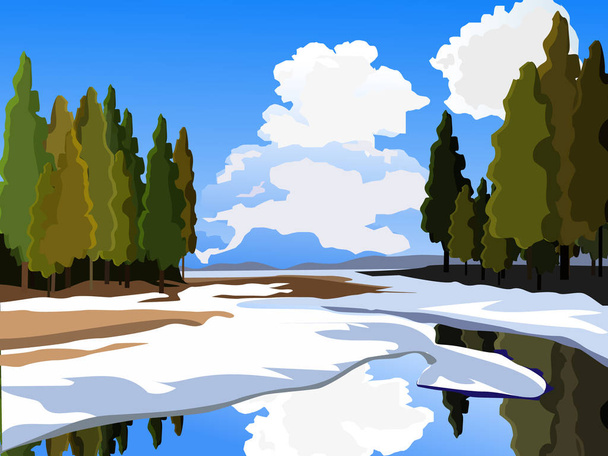 Spring landscape.  Thawed patches. Lake and mountains. Clear weather. - Vecteur, image
