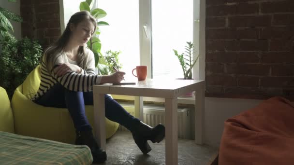 Teenager girl sitting at the table and making notes - Filmati, video