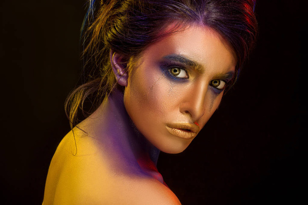 Creative art makeup. Close-up studio portrait of young fashion m - Фото, зображення