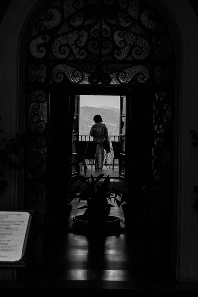 women on balcony black and white  - Φωτογραφία, εικόνα