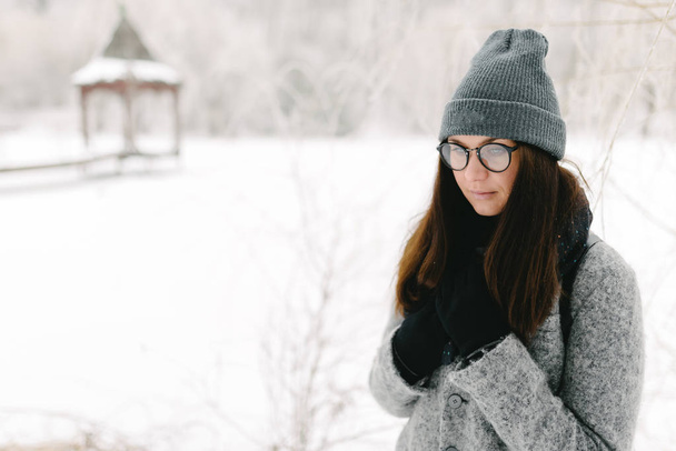 Meisje met grijze vacht op een brug in de winter - Foto, afbeelding