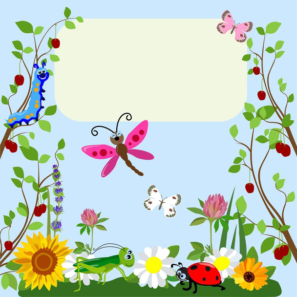 niedlichen Insekten Animal Cartoon in Gras und Blumen. Vektorillustration. - Vektor, Bild