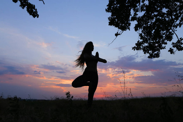 Chica delgada mostrando varias poses y bailando en el campo al aire libre en
 - Foto, Imagen