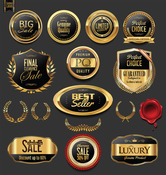 Golden badges and labels with laurel wreath collection  - Вектор, зображення