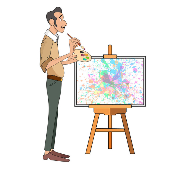 retrato de pintor masculino artista e bigode sorrindo e pintura com paleta colorida em pé perto cavalete
 - Vetor, Imagem