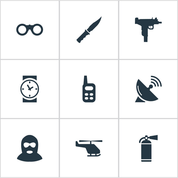 Vector illustratie Set van eenvoudige militaire iconen. Elementen Terrorist, veld glazen, koude wapen en andere synoniemen Sputnik, tijd en Uzi. - Vector, afbeelding