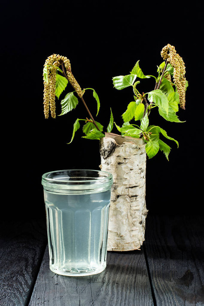 Suco de vidoeiro fresco em um copo e ramos de vidoeiro
  - Foto, Imagem