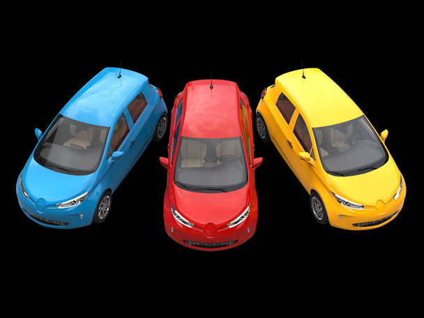 Σύγχρονου οικολογικού ηλεκτρικά αυτοκίνητα σε κίτρινο, το μπλε και το κόκκινο - top-down προβολή  - Φωτογραφία, εικόνα