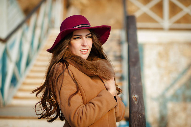 Beautiful fashionable woman in a hat and coat posing - Φωτογραφία, εικόνα