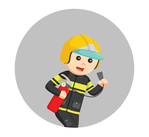 fireman running with fire extinguisher in circle background - Vector, Image