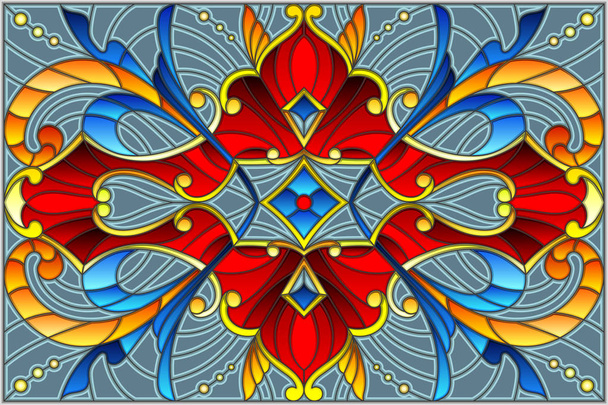 Illustration im Buntglasstil mit abstrakten Wirbeln, Blumen und Blättern auf grauem Hintergrund, horizontale Ausrichtung - Vektor, Bild