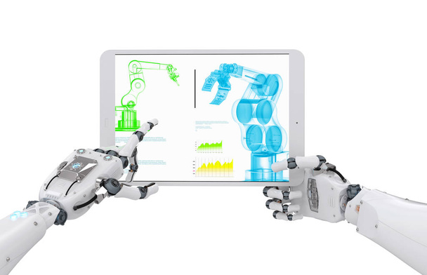 robot kezét, dolgozó digitális tabletta  - Fotó, kép