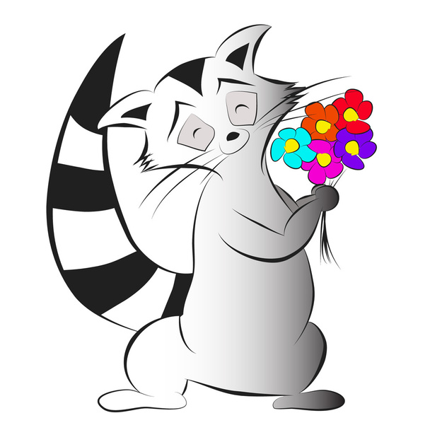 Иллюстрация милого смешного мультяшного енота с букетом цветов
 - Фото, изображение