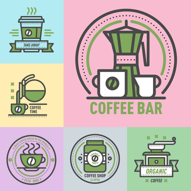 Coffee badge logo food design thin line lettering for restaurant, cafe menu coffee house and shop element beverage label sticker vector illustration. - Vektör, Görsel