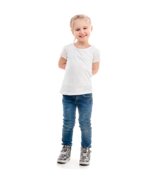 girl in t-shirt standing isolated on white background - Foto, Bild