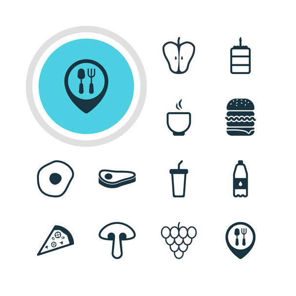 Ilustracja wektorowa 12 ikon żywności. Edytowalne Pack napój bezalkoholowy, miska, Muscat i innych elementów. - Wektor, obraz