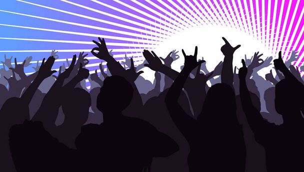 Silhouettes of dancing people in front of bright stage lights - Vector, Image