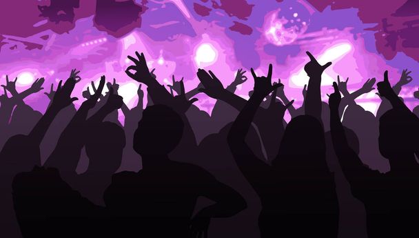 Silhouettes of dancing people in front of bright stage lights - Vector, Image
