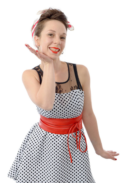 mulher sorridente, vestida em estilo pin-up
 - Foto, Imagem