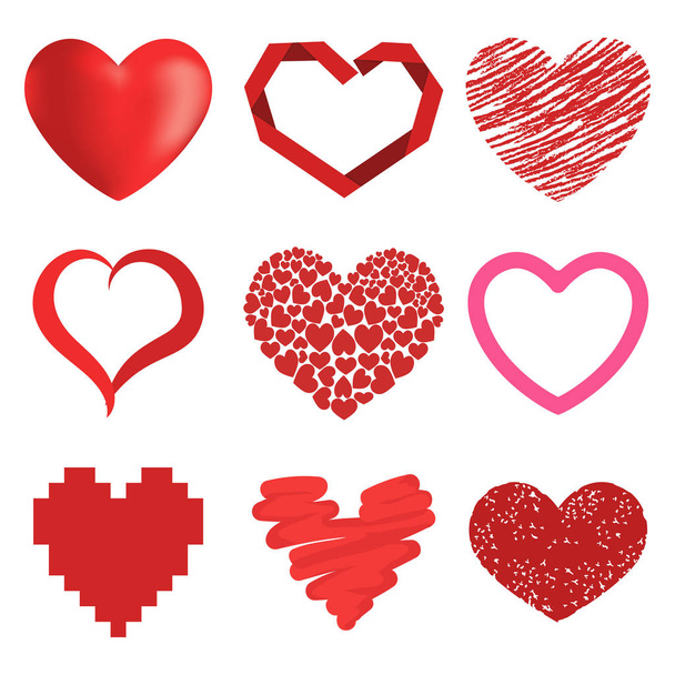 Diferentes estilo rojo corazón vector icono amor aislado día de San Valentín símbolo y diseño romántico boda hermosa celebrar emoción brillante signo de la pasión ilustración
. - Vector, Imagen