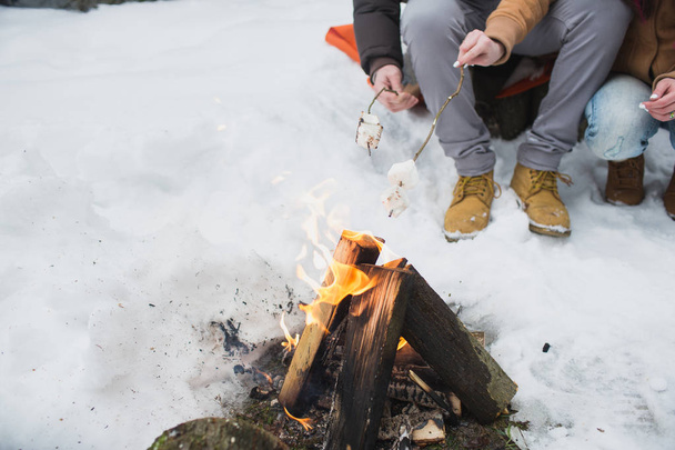 Guimauve sur un bâton rôti sur un feu de camping - Photo, image