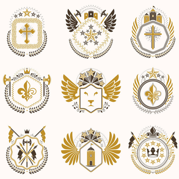 Collection of heraldic decorative coat of arms - Vector, Image
