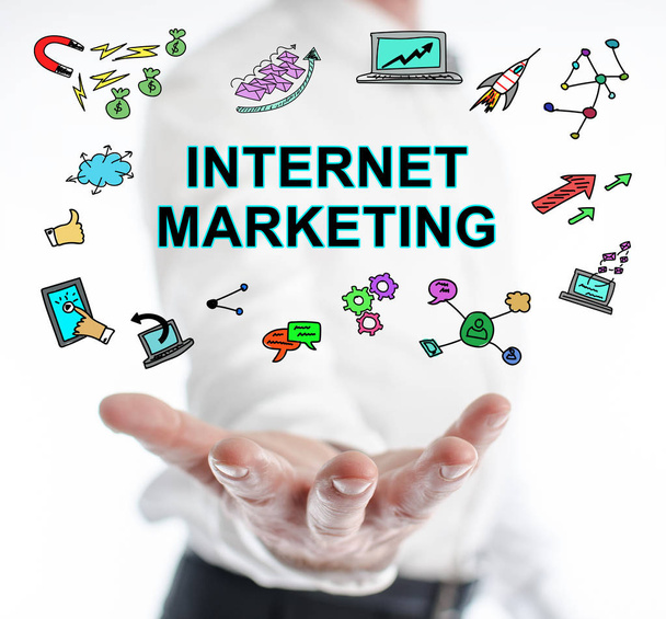 Internetový marketing, koncept vznášející se nad ruku - Fotografie, Obrázek